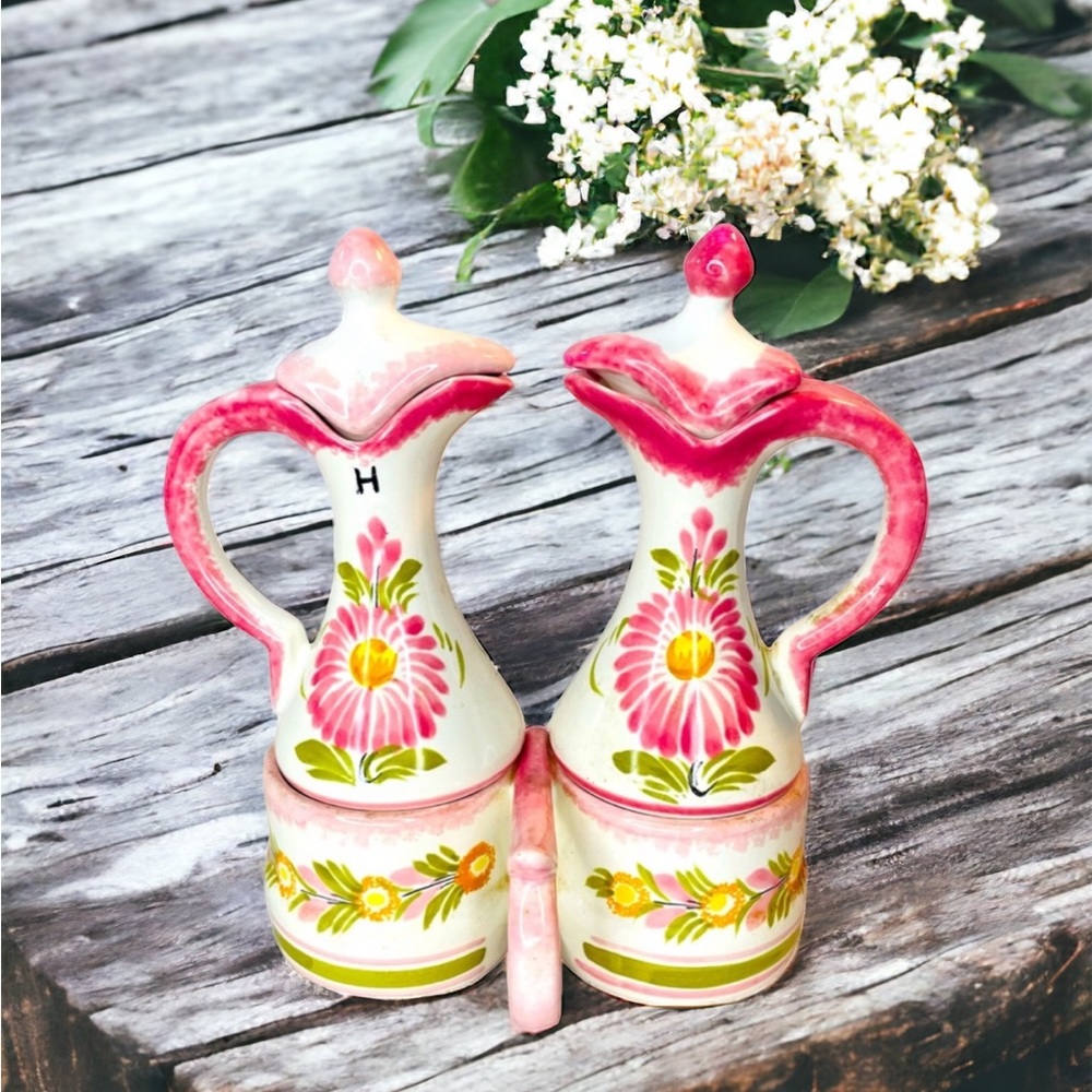 Quimper France French Hand Painted Faience Oil Vinegar w Stand Pink Flowers